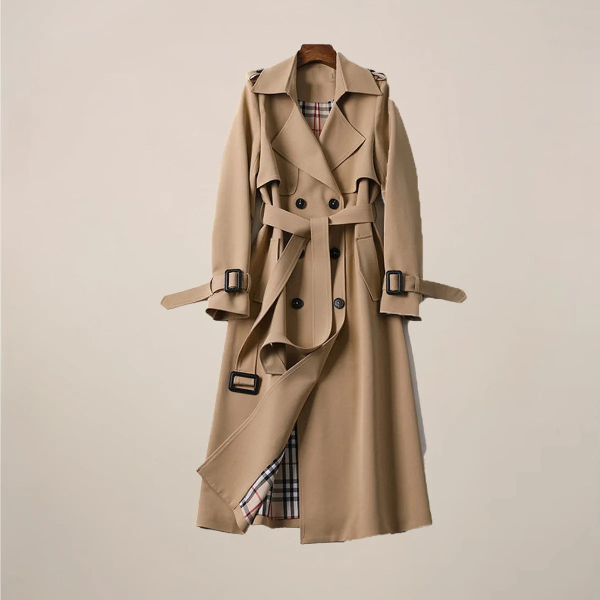 Elegant Trenchcoat | Dubbelknäppt Design med Bälte & Rutigt Foder